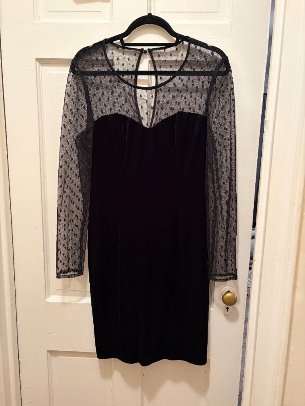 GUESS Black Velvet w/ Sheer Polka Dot Sleeve Cocktail Dress Size 12